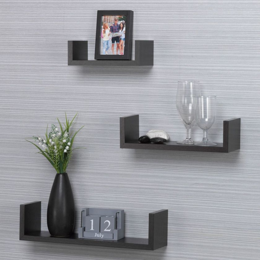 Рафт за стена - дървен - тъмно кафяв - 3 бр.