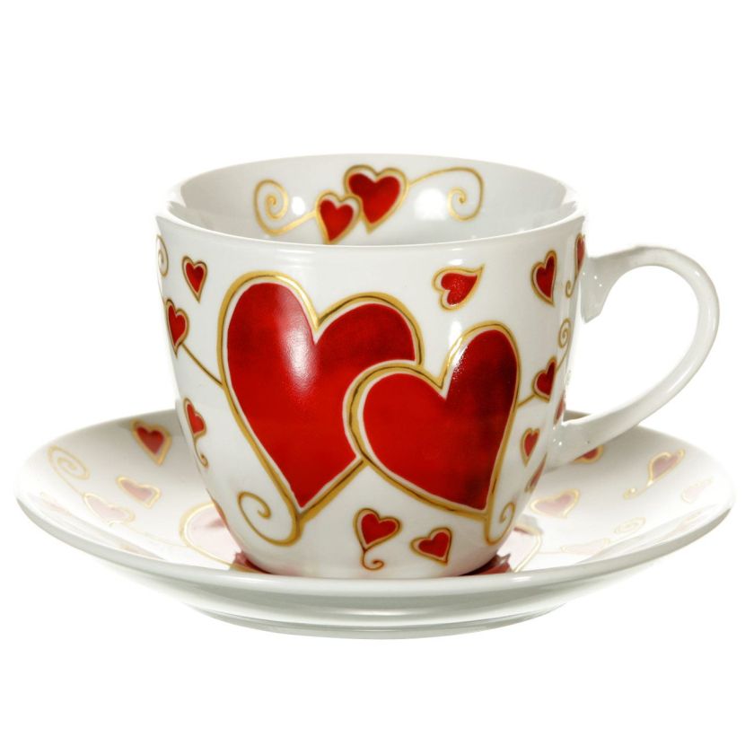 Чаша с чинийка - порцеланова - сърца - 180 мл.