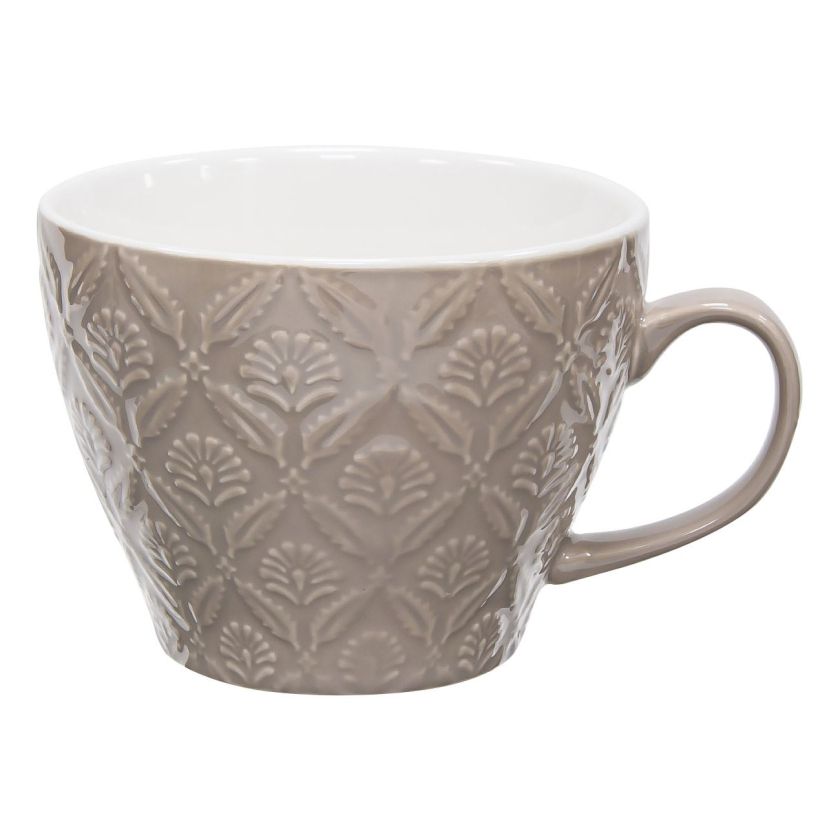 Керамична чаша - бежова - релефна - цветя - 590 мл.