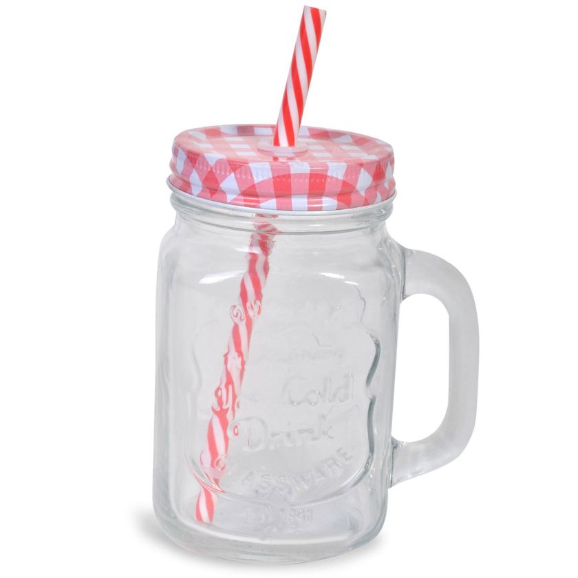 Стъклена халба - със сламка и капак - червено каре - 450 мл.