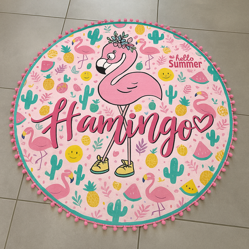 Детска кръгла плажна кърпа Фламинго - 120 см
