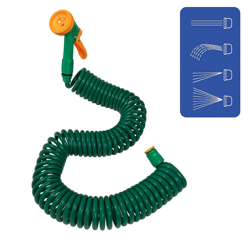 Спирален маркуч за полива с 4 приставки - 15 метра