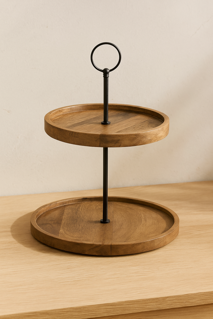 Дървен поднос за сервиране на 2 нива - Ø25 см.