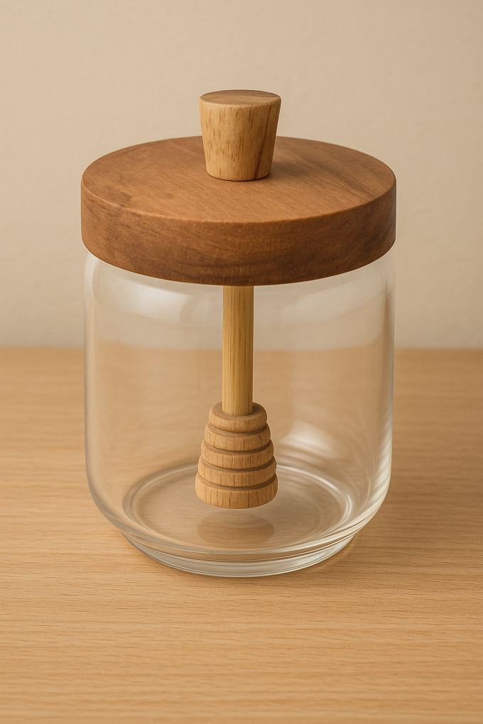 Стъклен буркан за мед с дървен капак 450 мл.