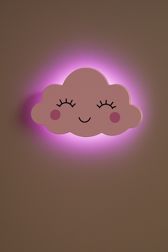 LED Светещ детски дървен облак - Розов -  22 x 16.5 см.