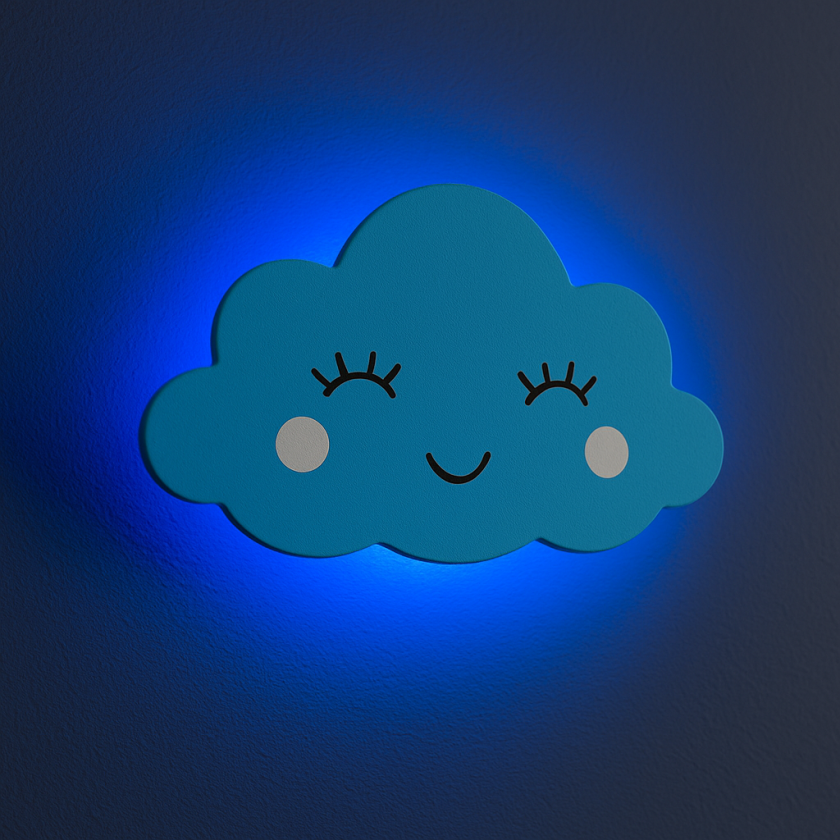 LED Светещ детски дървен облак - Син - 22 x 16.5 см.