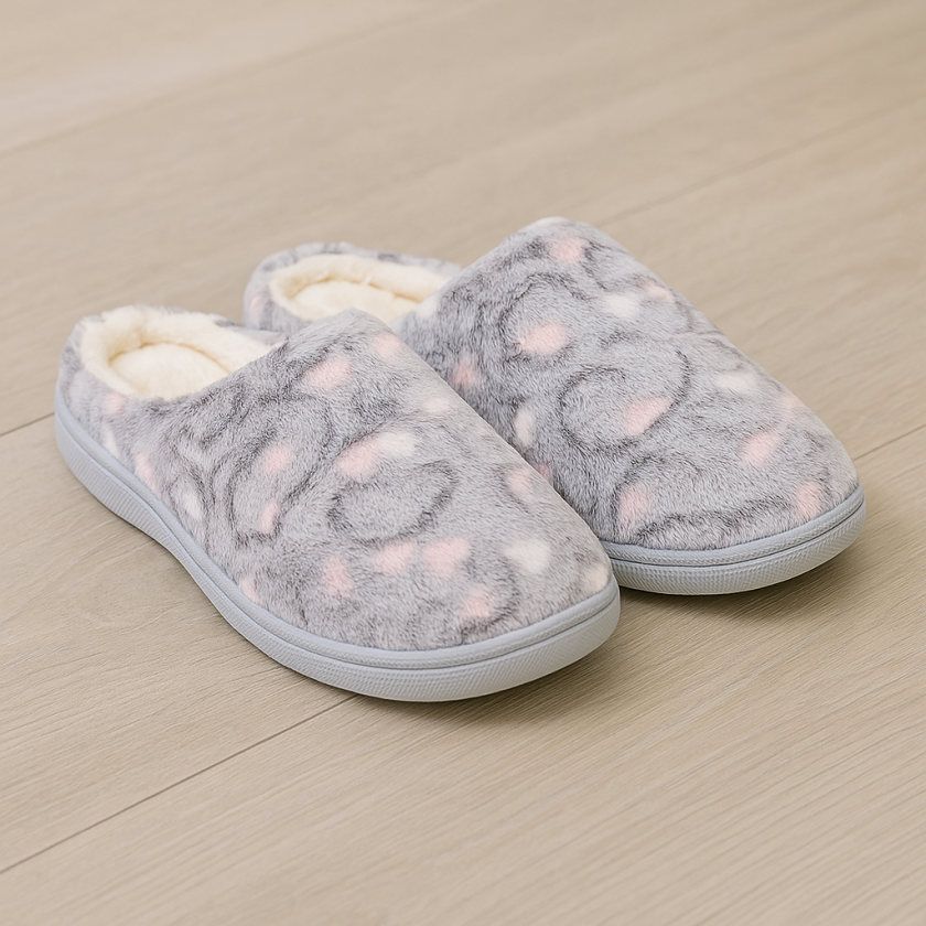 Дамски зимни чехли  розови - сиви сърца 