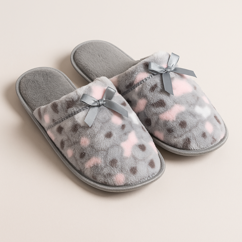 Дамски зимни чехли - сиви - цветя с панделка