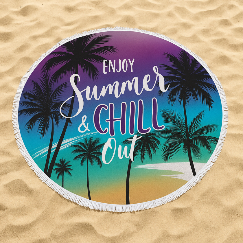 Кръгла плажна кърпа - Enjoy Summer & Chill Out , Диаметър 150 см