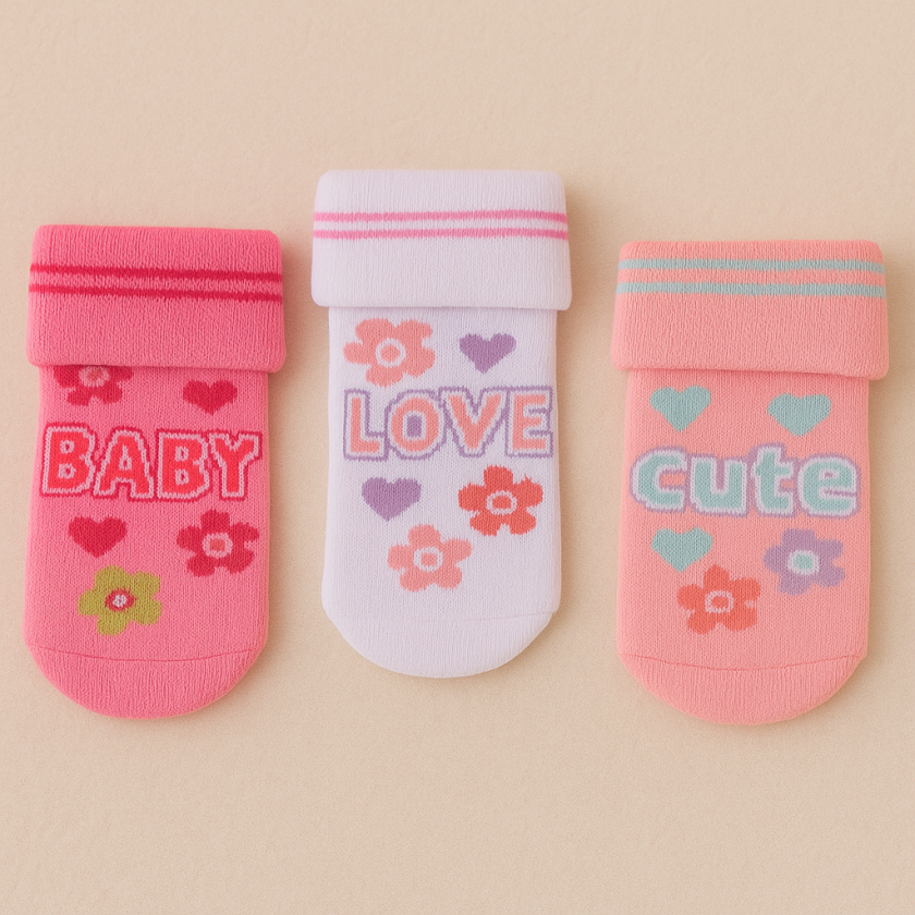 Бебешки чорапи - розови - надпис - 3 чифта