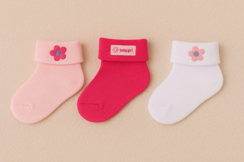 Бебешки чорапи - бели - розови - цикламени - 3 чифта