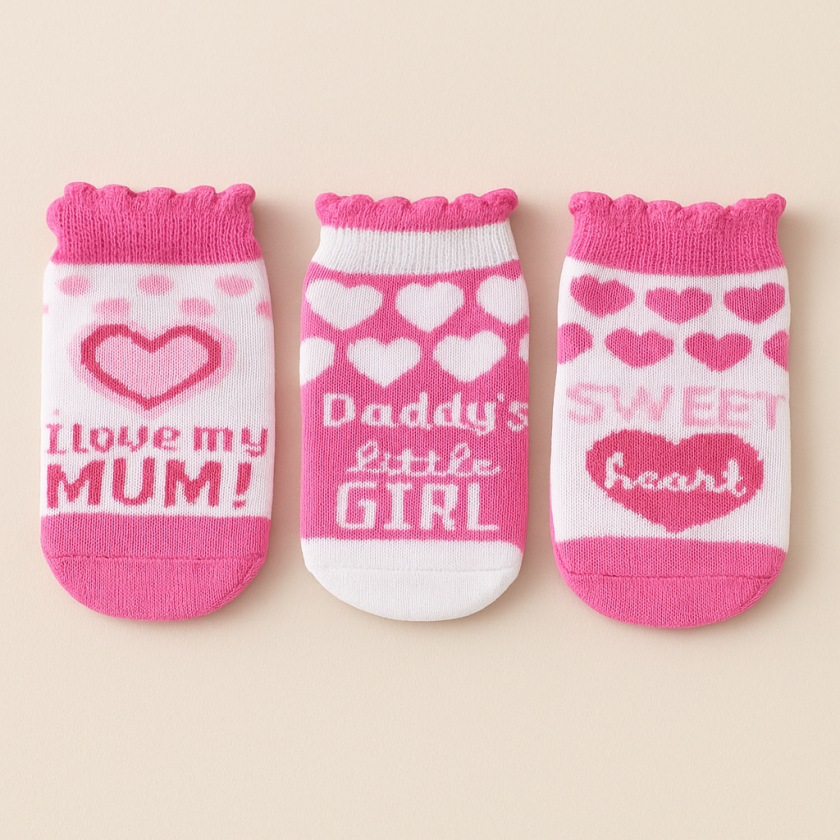 Бебешки чорапи - бяло и розово - сърца - 3 чифта