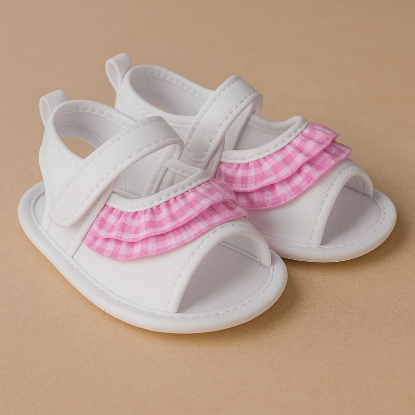 Бебешки сандали - бели - розово каре
