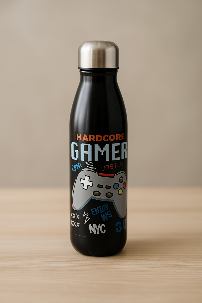  Алуминиева бутилка за вода Gamer (Черна) - 600 мл.