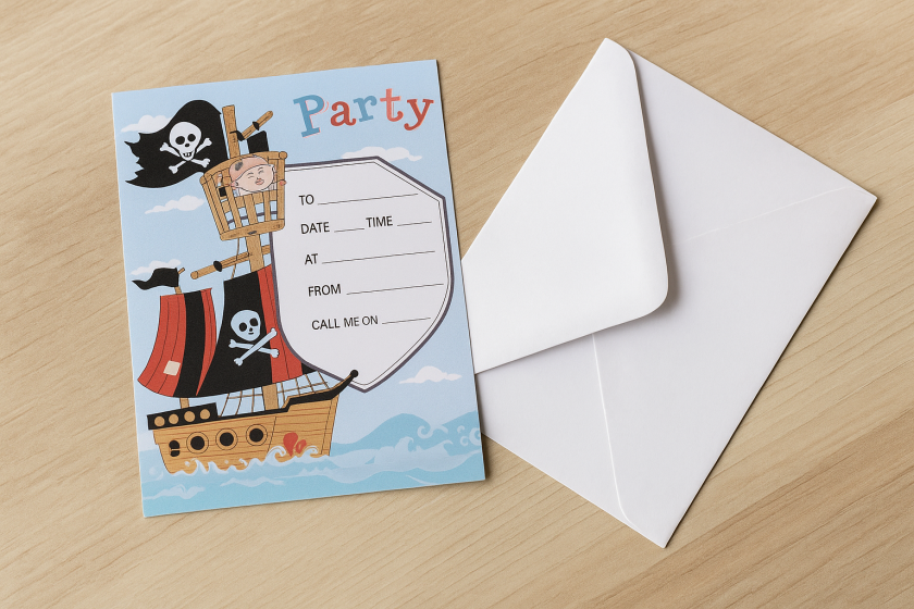 Покана за парти - пиратски кораб - с плик - 10 бр.