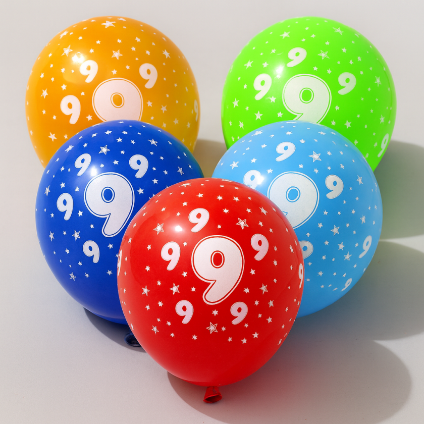 Парти балони - цветни - цифра 9 - 30 см. - 5 бр.