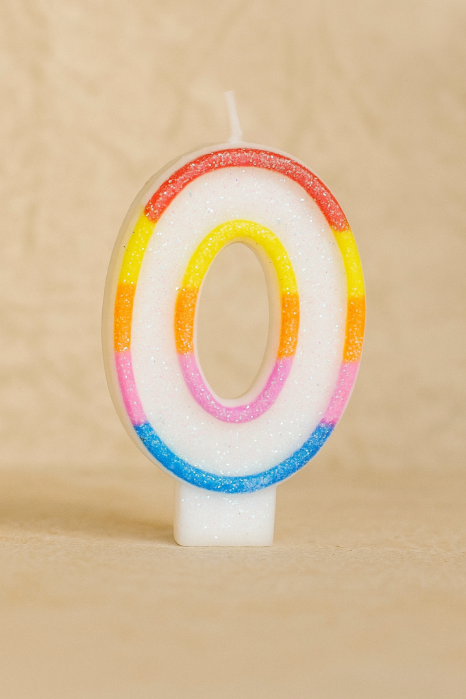 Свещ за торта - цифра 0 - цветна - брокат