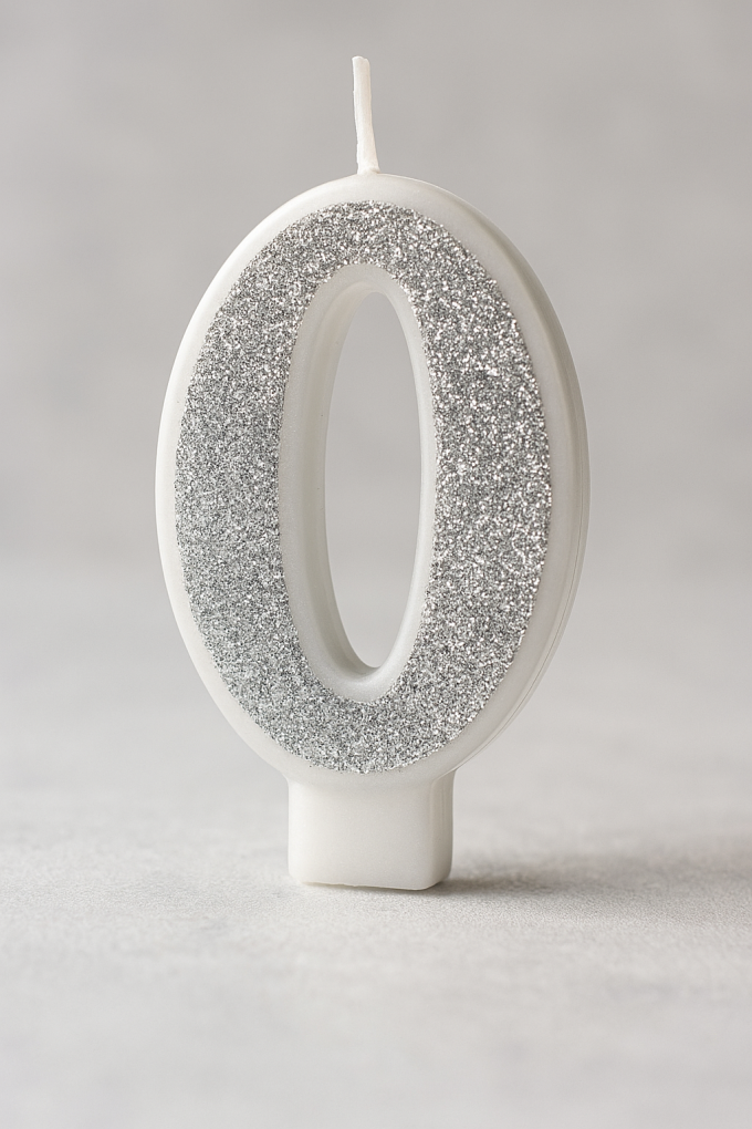 Свещ за торта - цифра 0 - сребриста - брокат