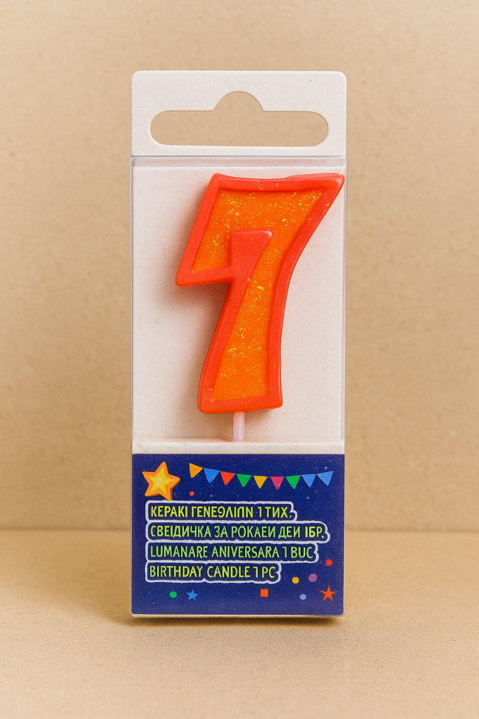 Свещ за торта - цифра 7 - оранжева - брокат