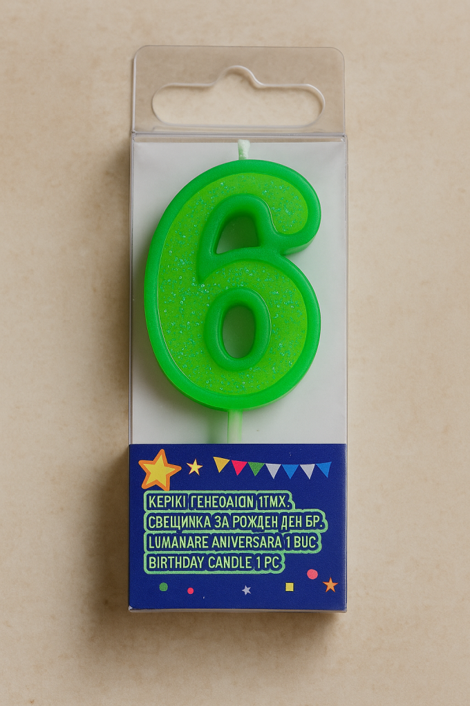 Свещ за торта - цифра 6 - зелена - брокат