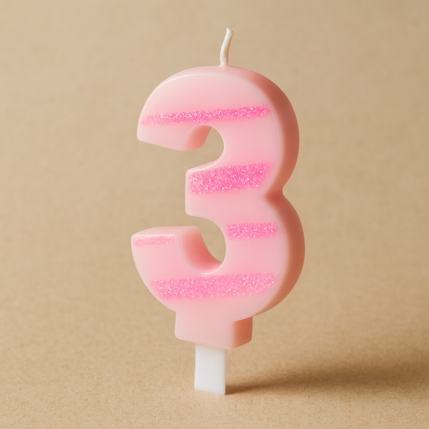 Свещ за торта - цифра 3 - розово райе