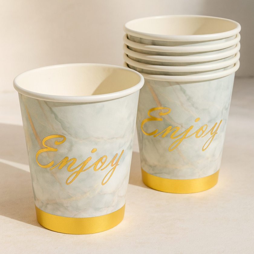 Парти чаши - златисти - мрамор - картонени - 270 мл. - 6 бр.