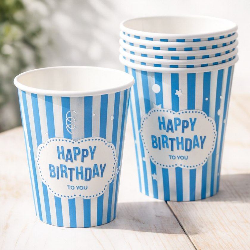 Парти чаши - синьо райе - картонени - 270 мл. - 6 бр.