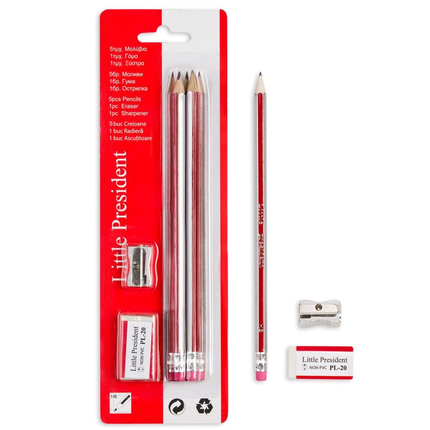 Моливи ΗΒ - 5 бр. + острилка и гума