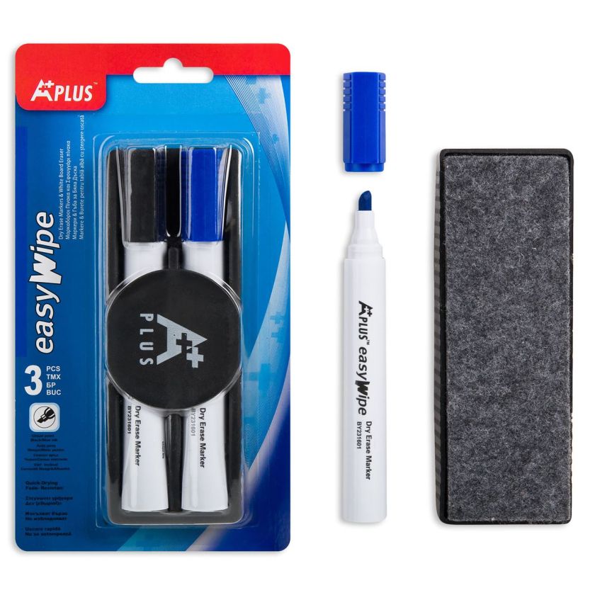 Маркери за бяла дъска - черен и син + гъба