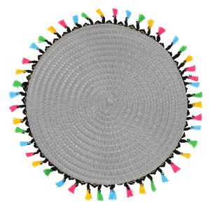 Подложка за хранене - кръгла - сива - цветни пискюли - 38 см.