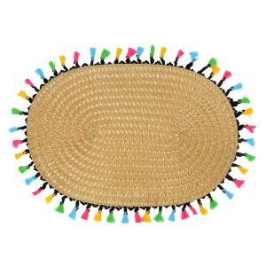 Подложка за хранене - овална - бежова - цветни пискюли - 30 х 45 см.