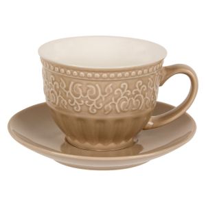 Керамична чаша с чиния - бежова - релефна - 180 мл.