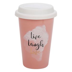 Керамична чаша - с капак - розова - надпис - 385 мл.