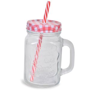 Стъклена халба - със сламка и капак - червено каре - 450 мл.
