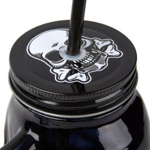 Стъклена халба - със сламка и капак - череп - 400 мл.