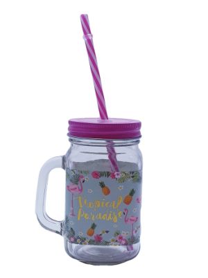 Стъклена халба - със сламка и капак - фламинго - 450 мл.