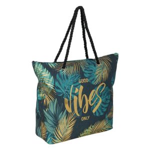 Плажна чанта от зелено златисто фолио - Good Vibes - 42 x 15 x 43 см.