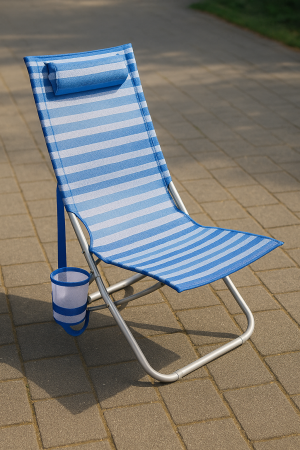 Плажен стол с възглавница - син на райета -  70 x 48 x 78 см.