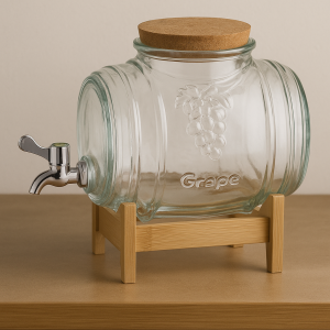 Стъклен диспенсър за напитки с дървена поставка - Буре - 3 литраСтъклен диспенсър за напитки с дървена поставка - Буре - 3 литраСтъклен диспенсър за напитки с дървена поставка - Буре - 3 литра