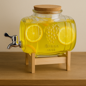 Стъклен диспенсър за напитки с дървена поставка - Буре - 3 литра