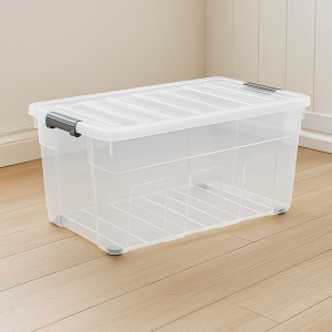 Пластмасова кутия за съхранение с прозрачен сгъваем капак и колелца - 120 литра