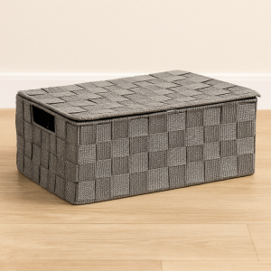 Плетена кутия за съхранение с капак - Сива - 30 x 20 x 12 см.