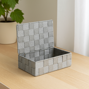 Плетена кутия за съхранение с капак - Сива - 27.5 x 17.5 x 11 см.