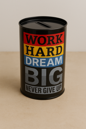 Метална Касичка с Надпис Work Hard Dream Big, Черна, Ø8 x 12 см.