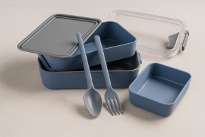 Двойна кутия за съхранение на храна с Вилица и Лъжица - Синя - 16 x 10 x 9 см.