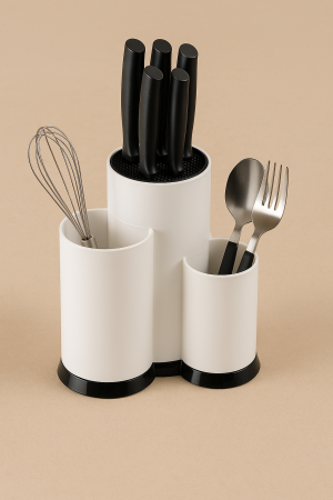 Бяла  поставка за ножове и кухненски прибори - 23 x 12 x 22 см.