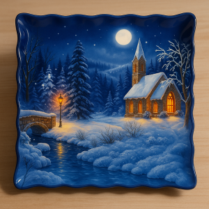 Коледно стъклено плато - Синя Нощ - 25 x 25 см.