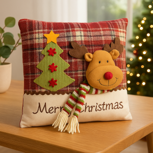 3D Декоративна коледна възглавница - Еленче и Елха - 33 х 33 см.