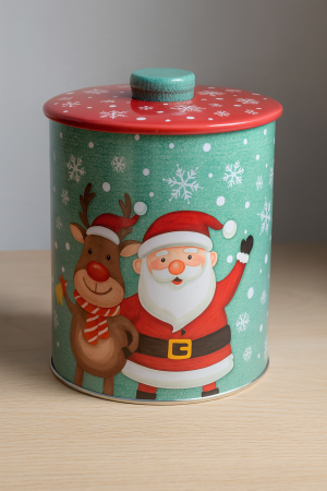 Коледна кутия за бисквитки - Метална - Дядо Коледа и Еленче - 17 x 23 см.