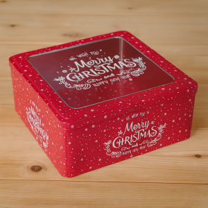 Метална коледна кутия с прозовец и надпис "Merry Christmas" - 21 x 21 x 8.5 cm.